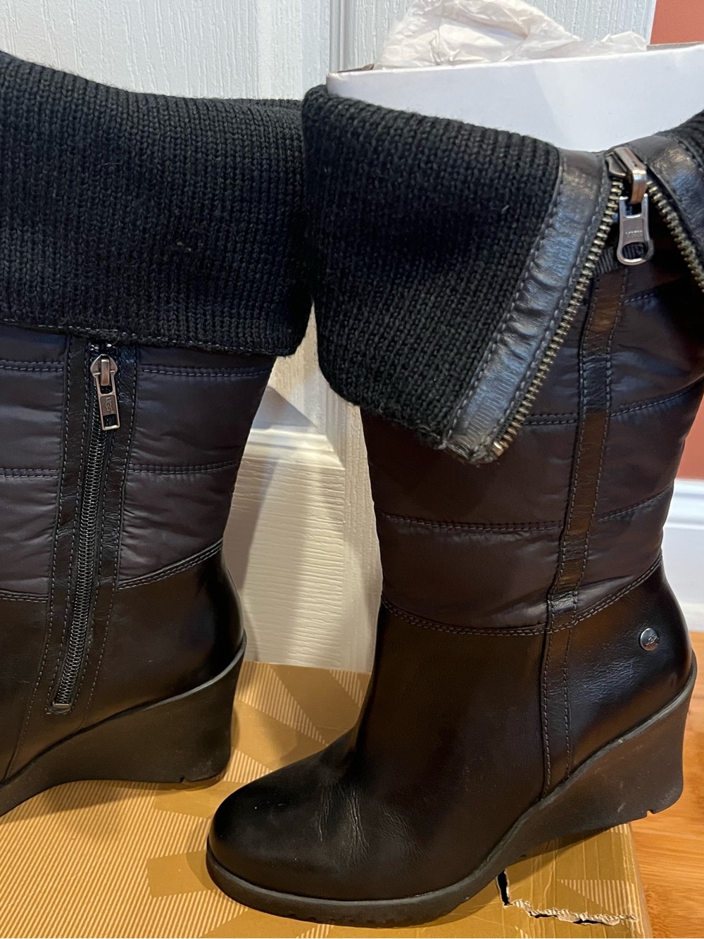 UGG Black Mid-Calf Wedge Winter Boots with Knit Cuff